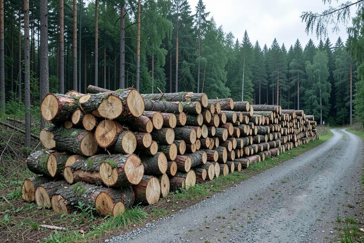 Atsevišķi sašķirota egles, priedes un bērza papīrmalka meža krautuvē
